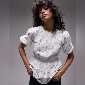 Topshop | Broderie Shirt Sleeve Open Back White Blouse